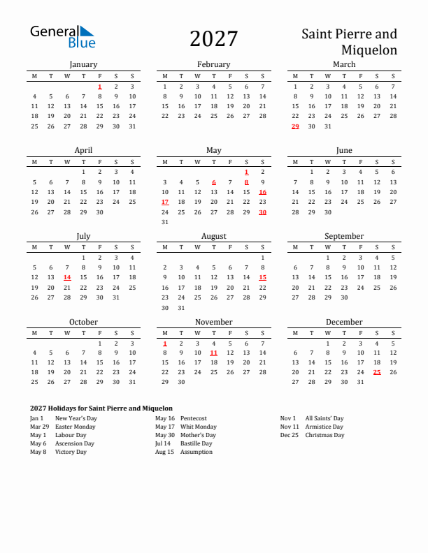 Saint Pierre and Miquelon Holidays Calendar for 2027