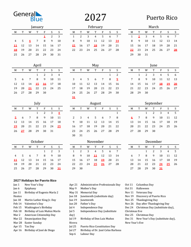 Puerto Rico Holidays Calendar for 2027