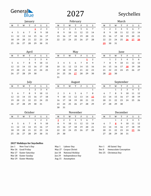 Seychelles Holidays Calendar for 2027