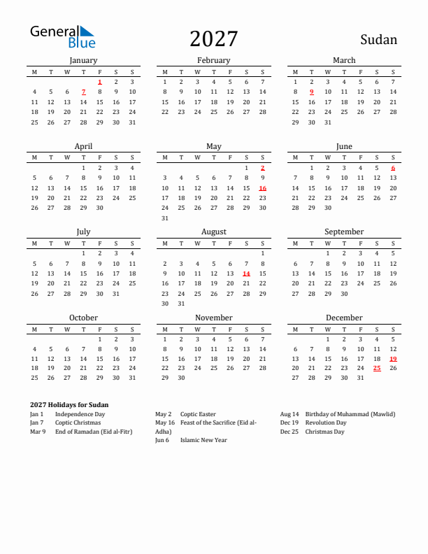 Sudan Holidays Calendar for 2027
