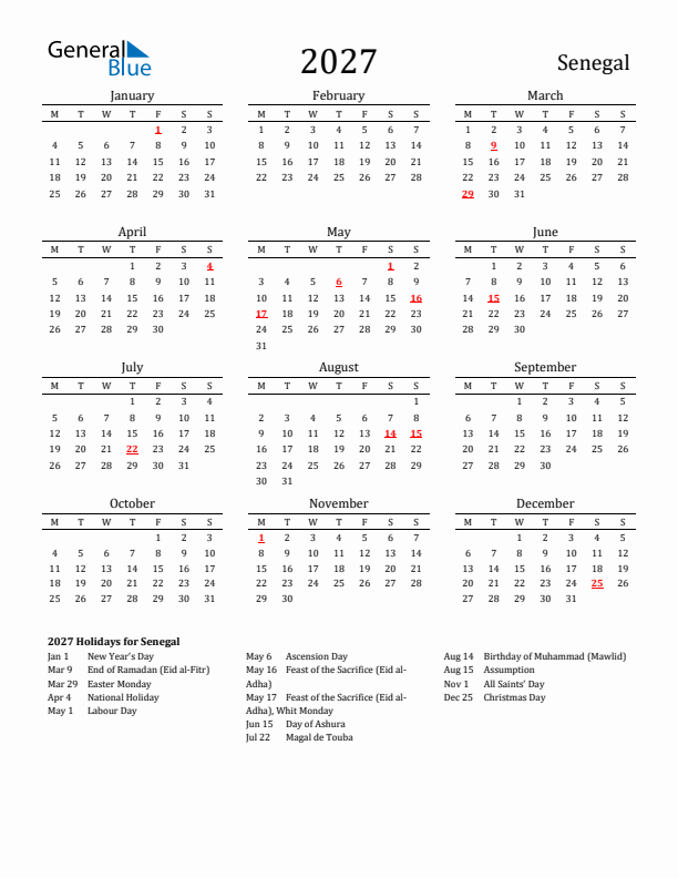 Senegal Holidays Calendar for 2027