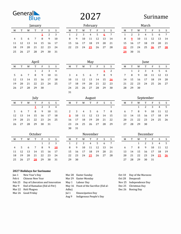 Suriname Holidays Calendar for 2027