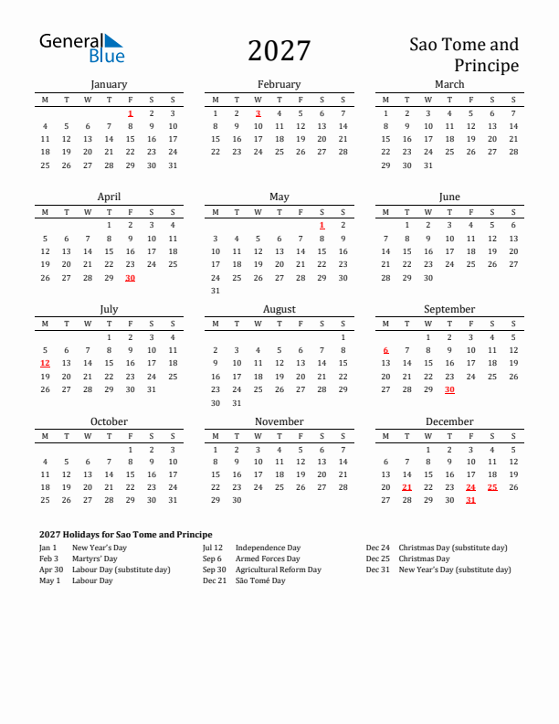 Sao Tome and Principe Holidays Calendar for 2027