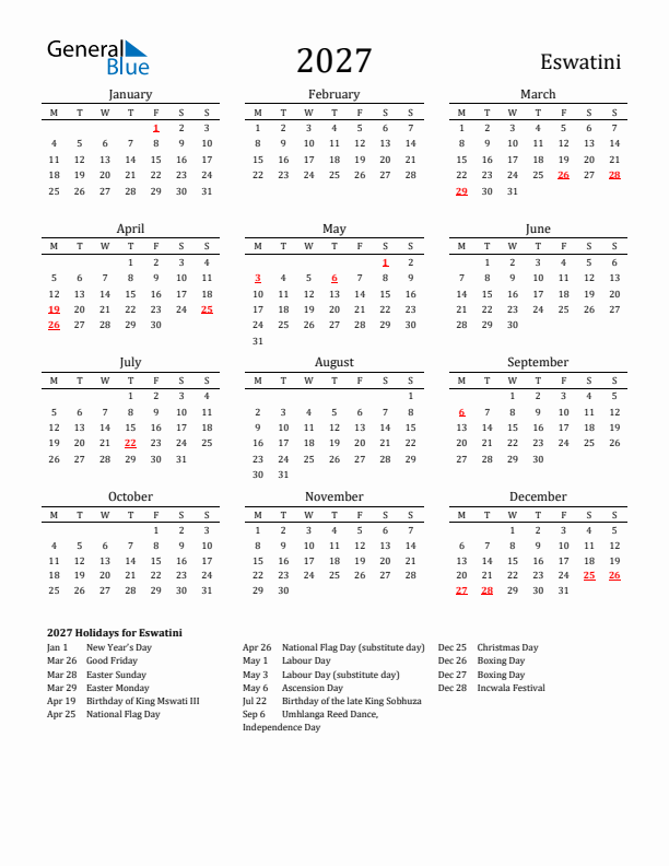 Eswatini Holidays Calendar for 2027