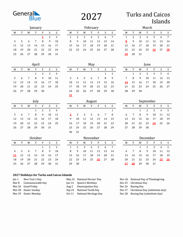 Turks and Caicos Islands Holidays Calendar for 2027