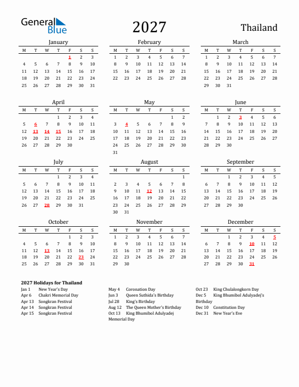 Thailand Holidays Calendar for 2027