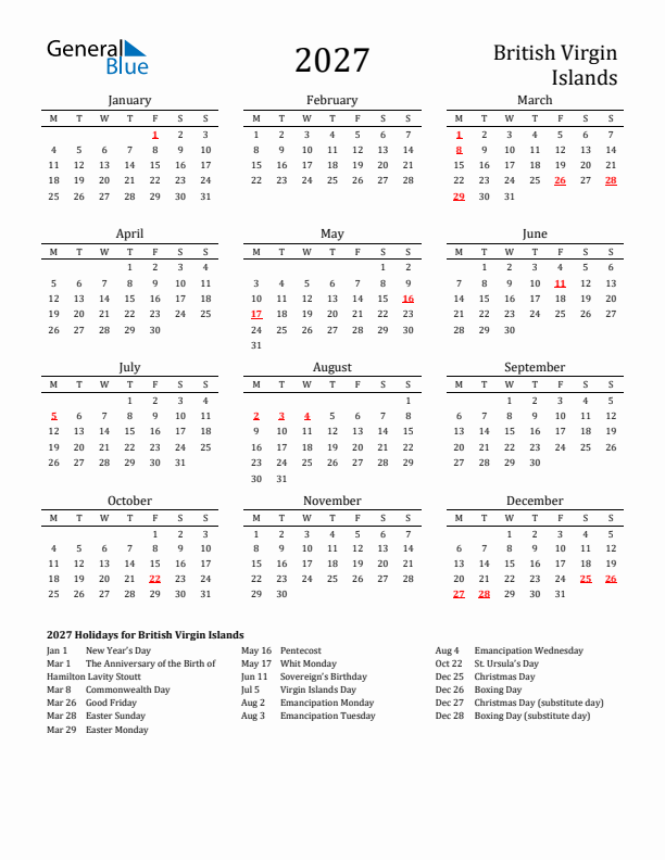 British Virgin Islands Holidays Calendar for 2027