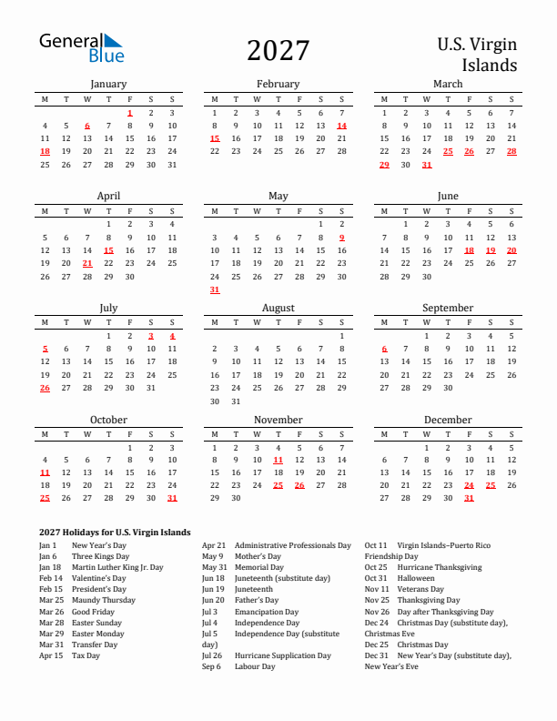 U.S. Virgin Islands Holidays Calendar for 2027