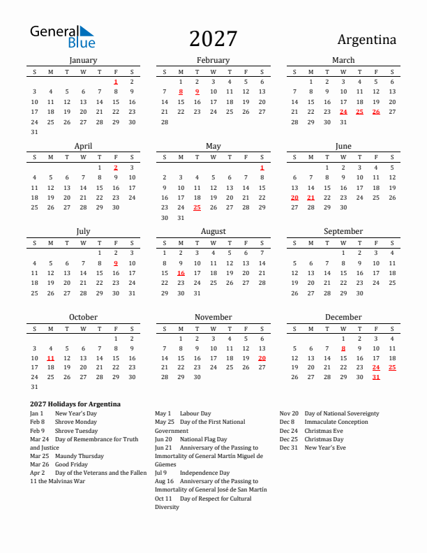 Argentina Holidays Calendar for 2027
