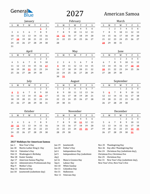 American Samoa Holidays Calendar for 2027