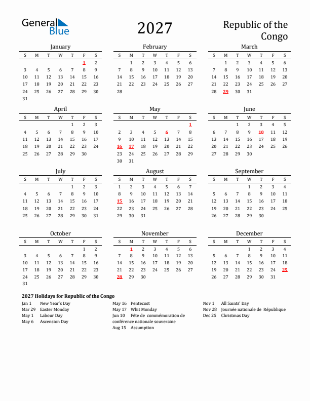 Republic of the Congo Holidays Calendar for 2027