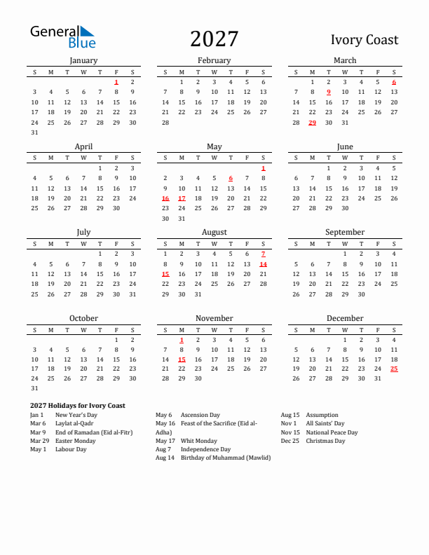 Ivory Coast Holidays Calendar for 2027
