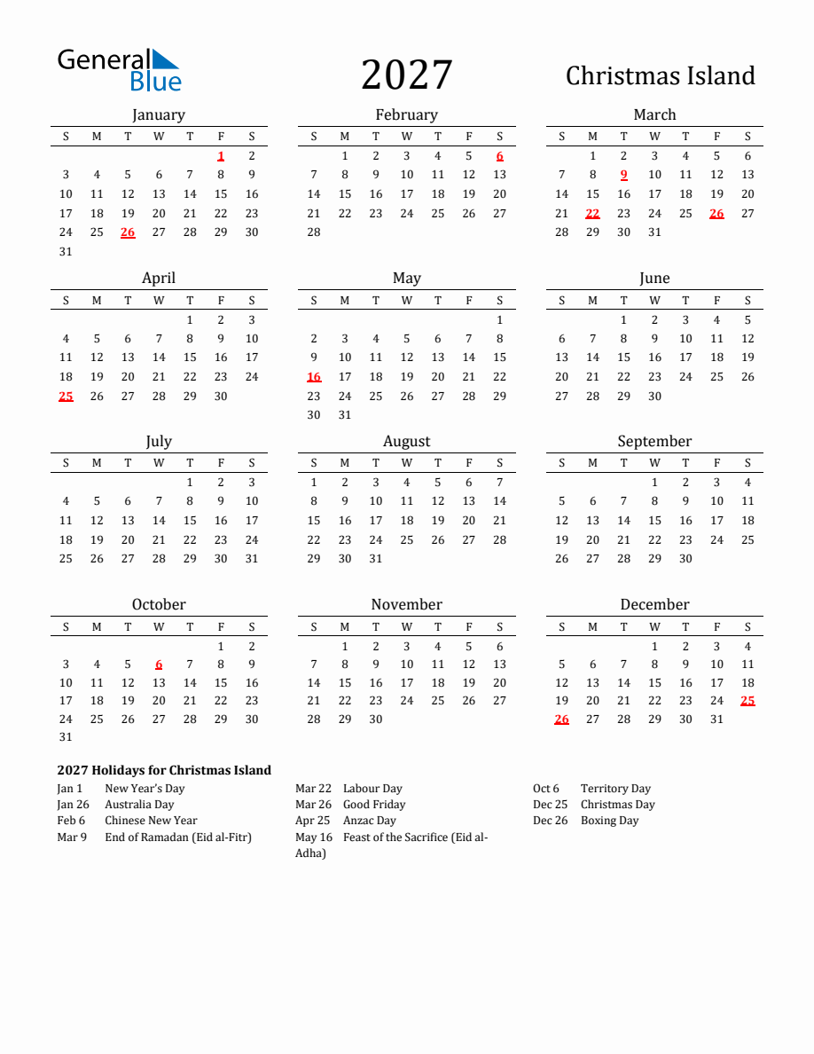Free Christmas Island Holidays Calendar for Year 2027