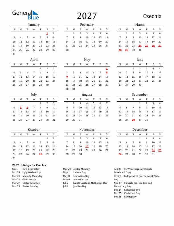 Czechia Holidays Calendar for 2027