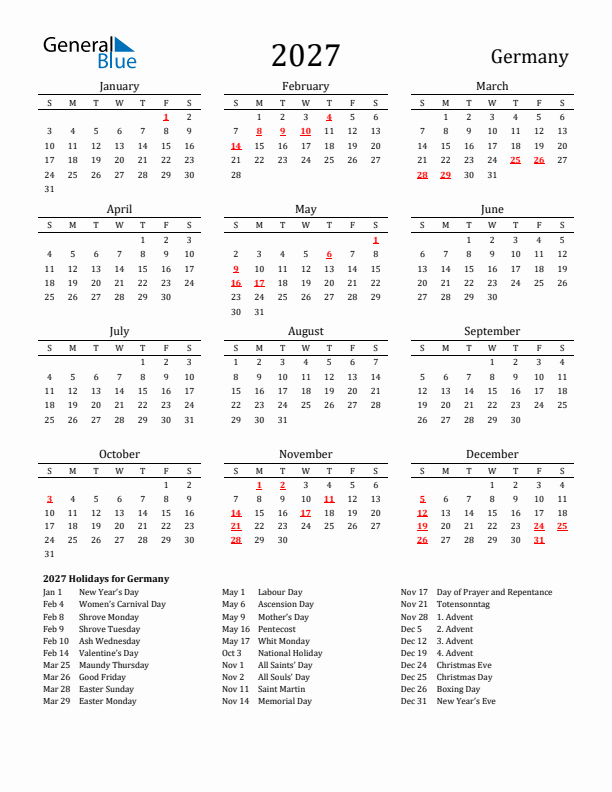 2027 Germany Calendar With Holidays