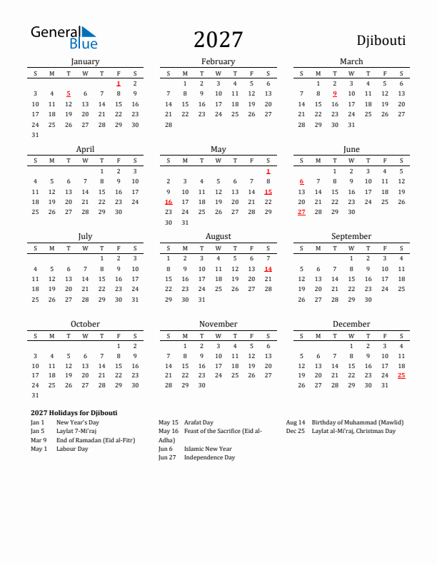 Djibouti Holidays Calendar for 2027