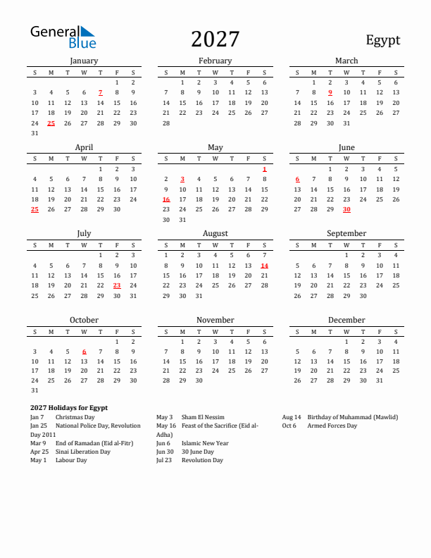 Egypt Holidays Calendar for 2027