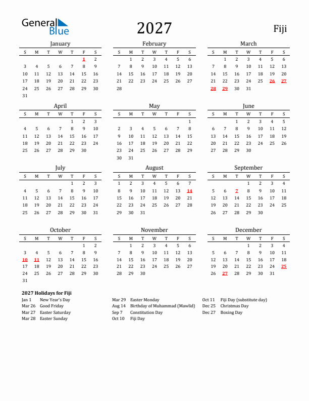 Fiji Holidays Calendar for 2027