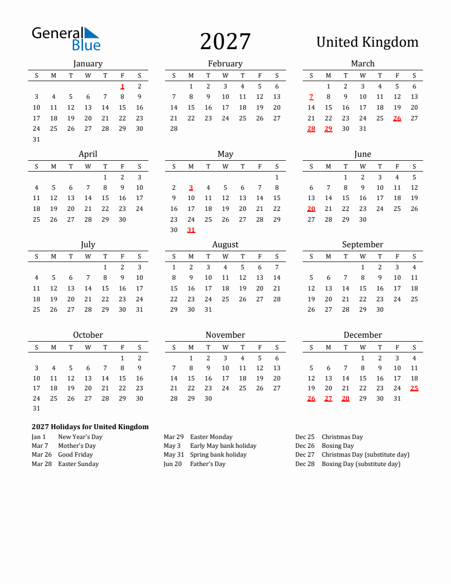 Free United Kingdom Holidays Calendar for Year 2027