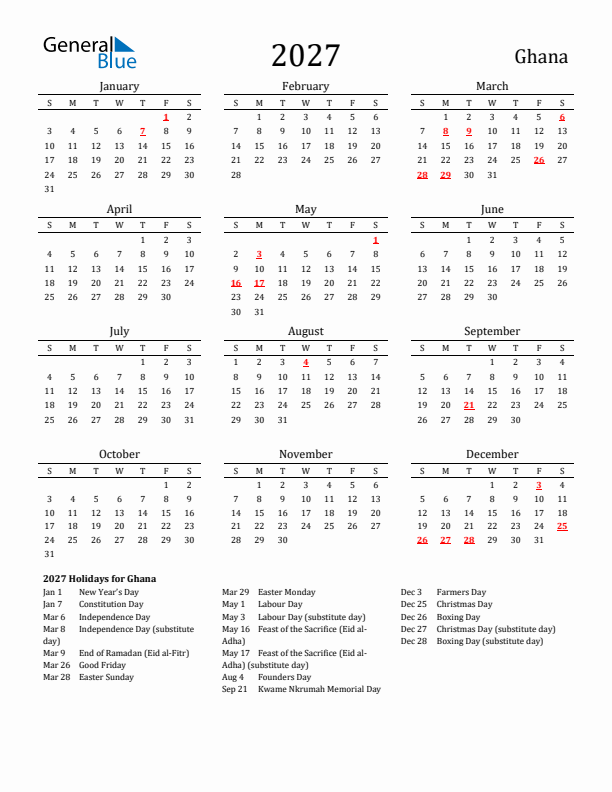 Ghana Holidays Calendar for 2027