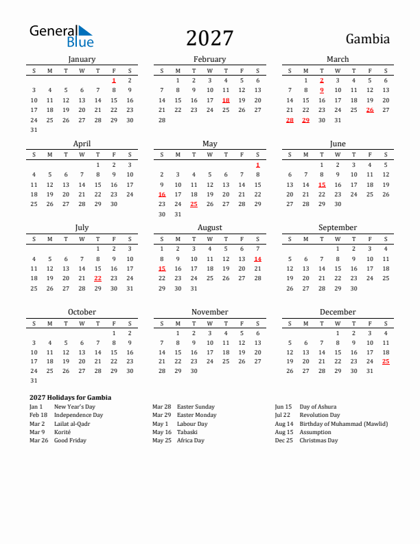 Gambia Holidays Calendar for 2027