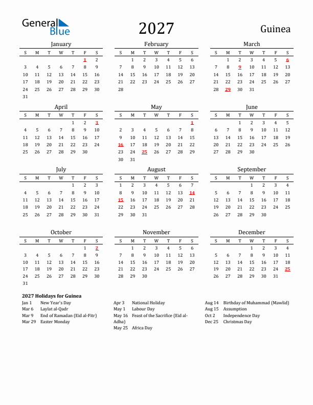 Guinea Holidays Calendar for 2027