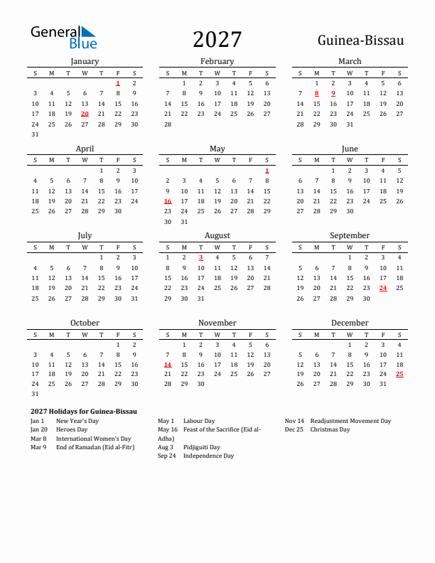 Guinea-Bissau Holidays Calendar for 2027