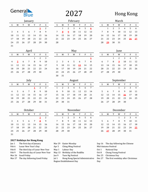 Hong Kong Holidays Calendar for 2027