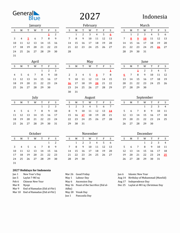 Indonesia Holidays Calendar for 2027