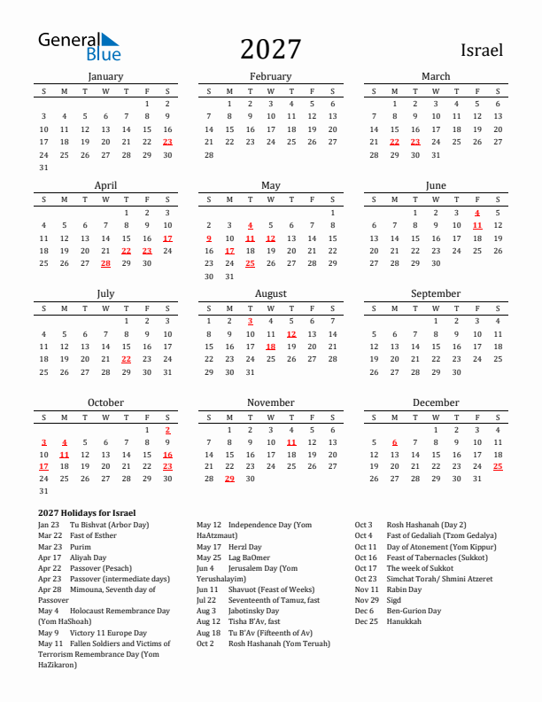 Israel Holidays Calendar for 2027