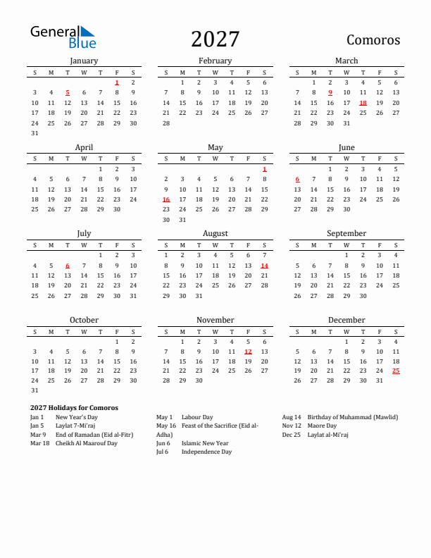 Comoros Holidays Calendar for 2027