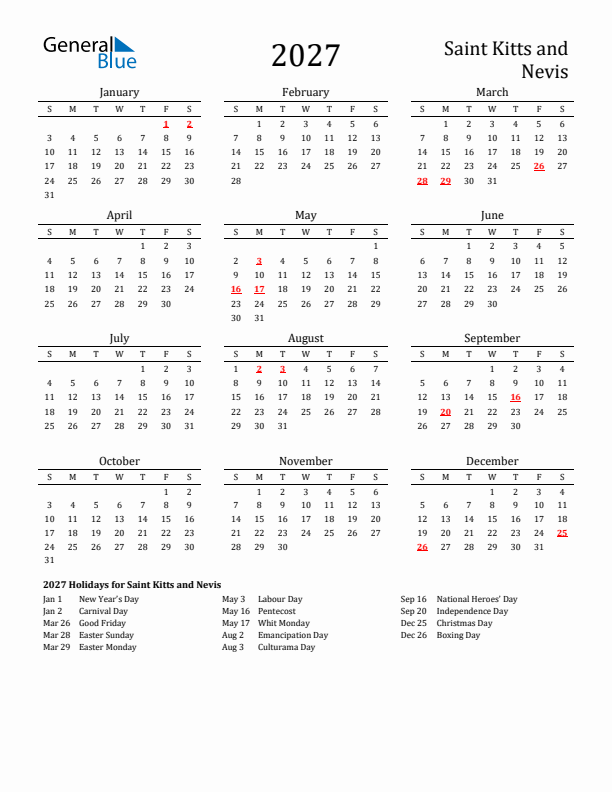 Saint Kitts and Nevis Holidays Calendar for 2027