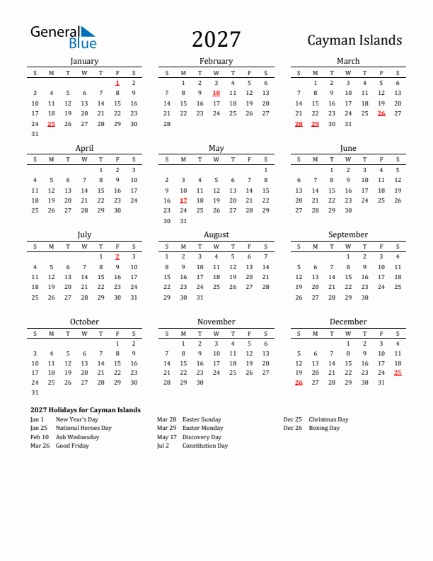 Cayman Islands Holidays Calendar for 2027