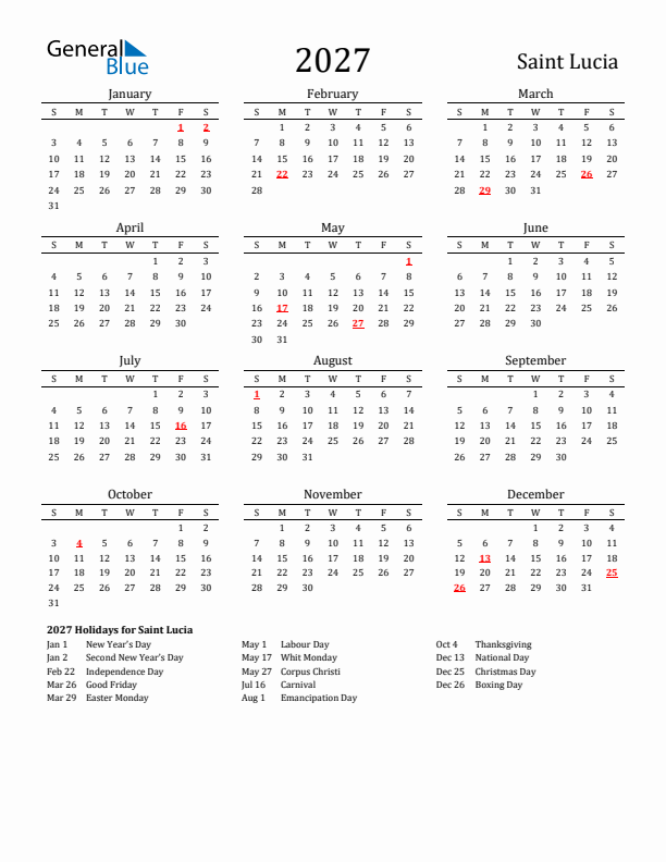 Saint Lucia Holidays Calendar for 2027