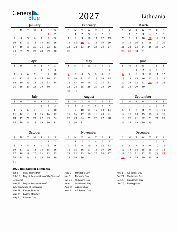 Lithuania Holidays Calendar for 2027