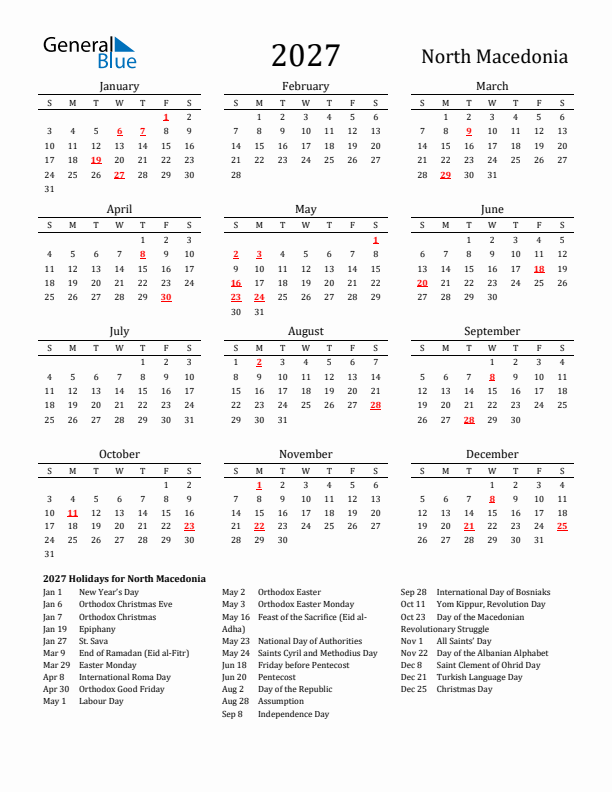 North Macedonia Holidays Calendar for 2027