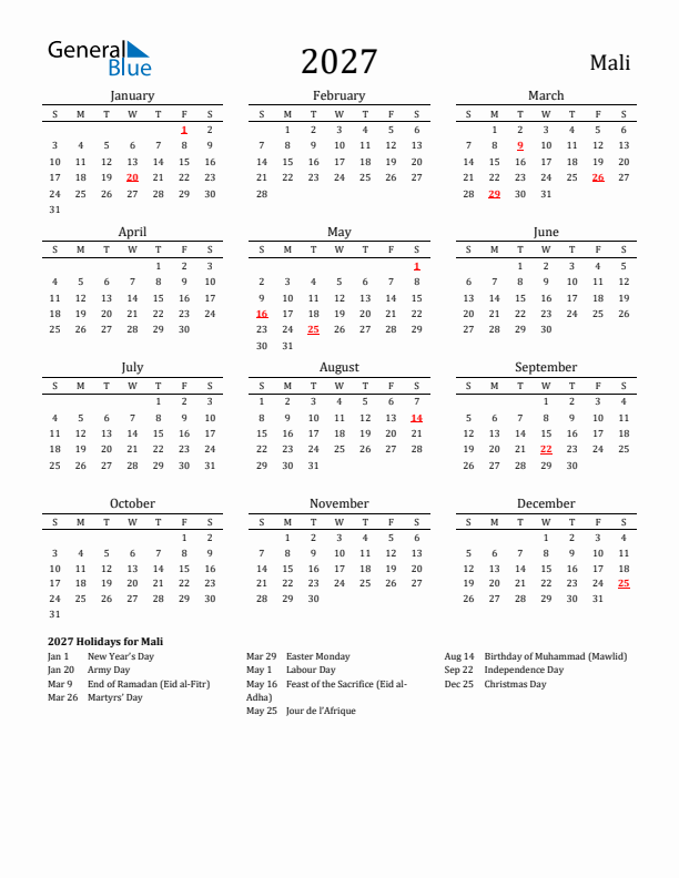 Mali Holidays Calendar for 2027