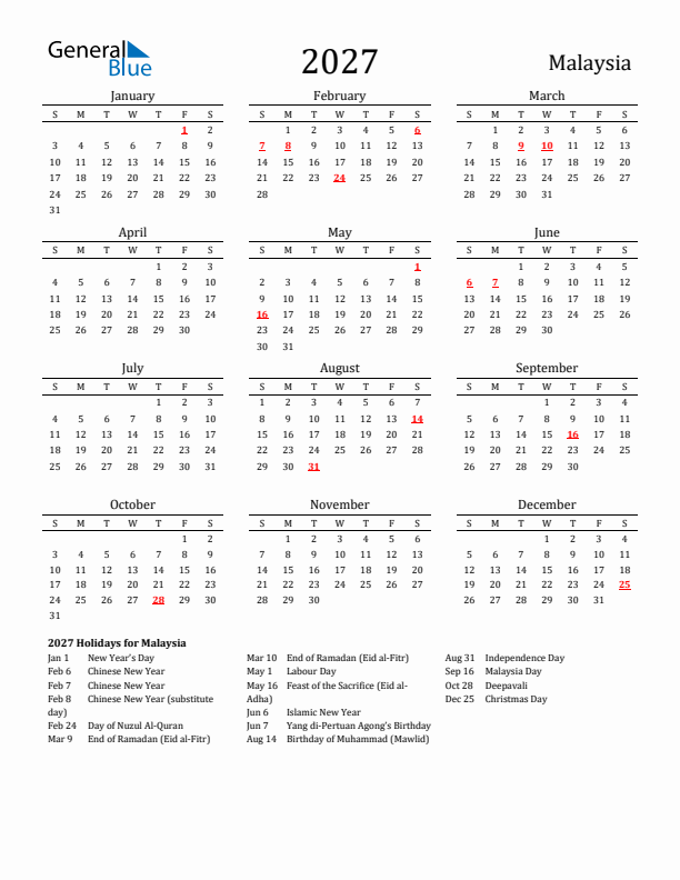 Malaysia Holidays Calendar for 2027