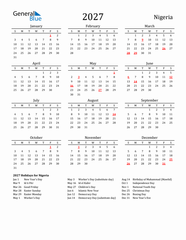Nigeria Holidays Calendar for 2027