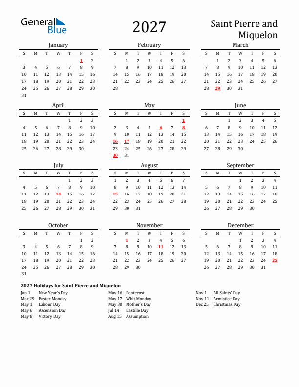Saint Pierre and Miquelon Holidays Calendar for 2027