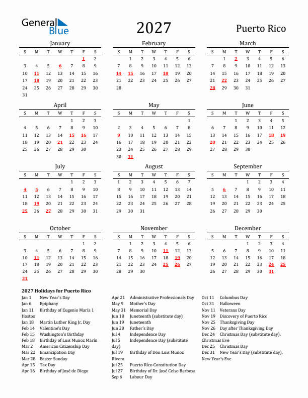 Puerto Rico Holidays Calendar for 2027