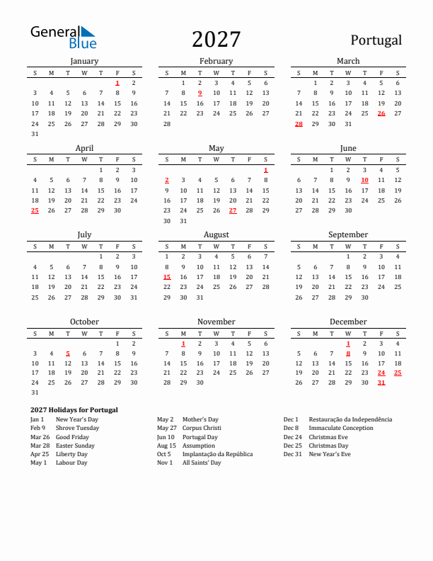 2027 Portugal Calendar With Holidays 2027 Portugal Calendar With Holidays