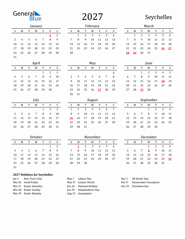 Seychelles Holidays Calendar for 2027