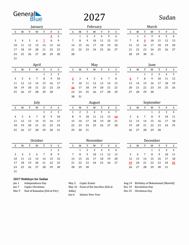 Sudan Holidays Calendar for 2027