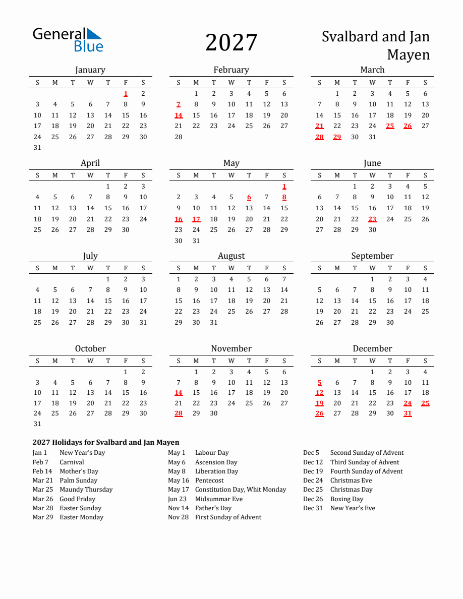 Free Svalbard and Jan Mayen Holidays Calendar for Year 2027
