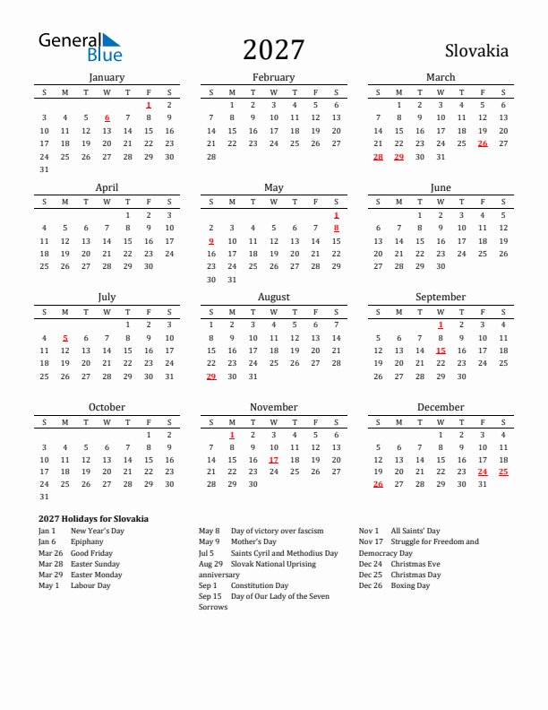 Slovakia Holidays Calendar for 2027