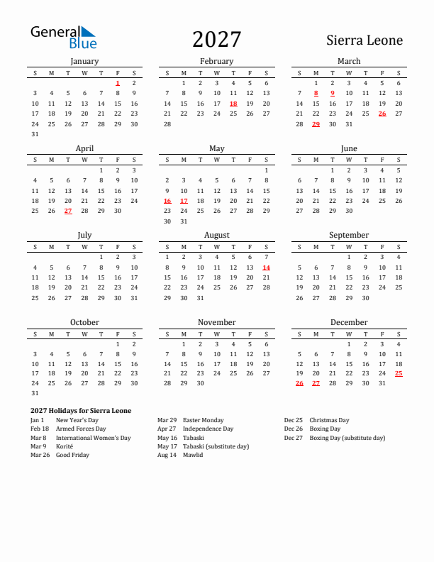 Sierra Leone Holidays Calendar for 2027