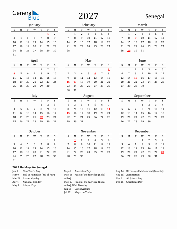 Senegal Holidays Calendar for 2027