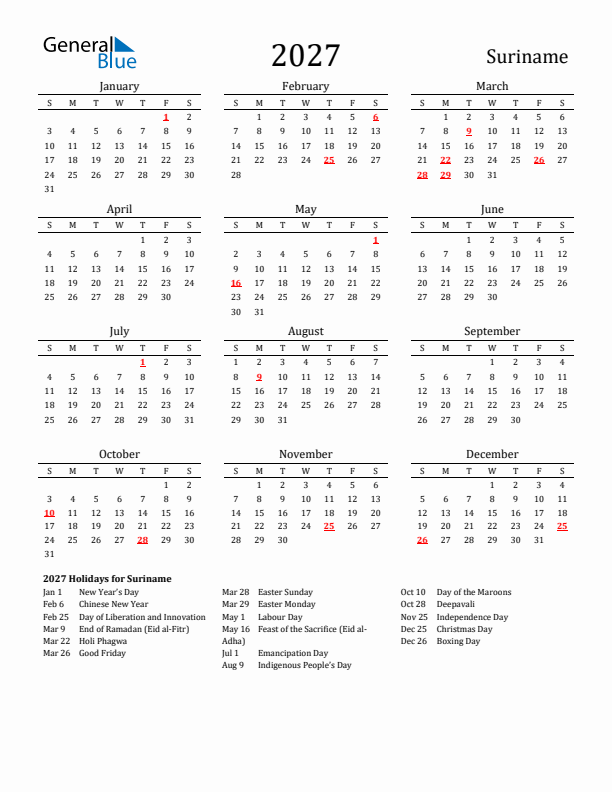 Suriname Holidays Calendar for 2027