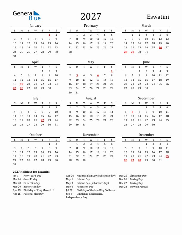 Eswatini Holidays Calendar for 2027
